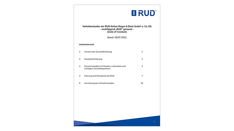 Titelseite des RUD Verhaltenskodex mit Inhaltsübersicht zu Grundsätzen, Zusammenarbeit und Mitarbeiterführung.