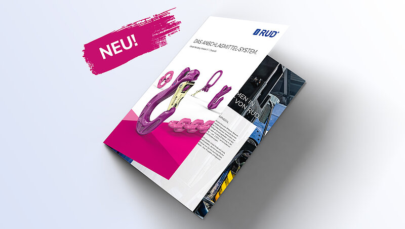 Produktkatalog für das Anschlagmittel-System von RUD, mit neuen violetten Produkten und dem Hinweis 'NEU!' in pink.