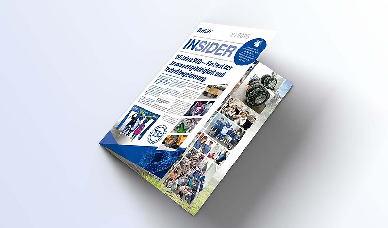 RUD Insider Ausgabe 2/2025, mit dem Thema '150 Jahre RUD' und Bildern von Mitarbeitern, Maschinen und Feierlichkeiten.