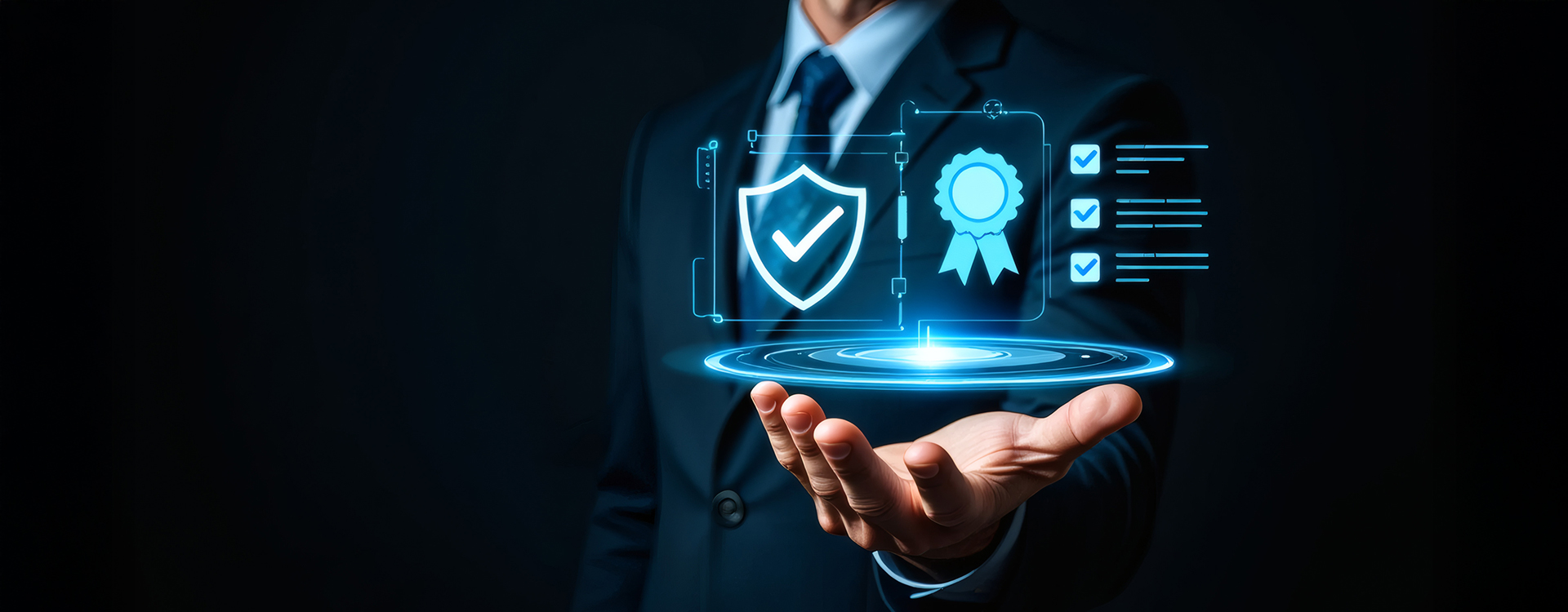 Geschäftsmann präsentiert digitale Symbole für Qualität, Zertifikate und Sicherheitsstandards.